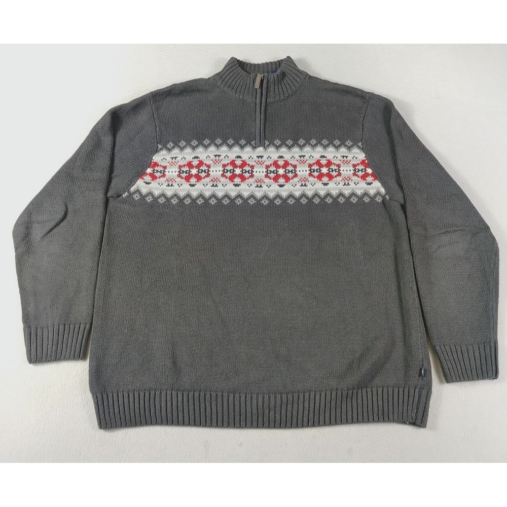 Chaps Sweater Mens XL‎ Black Fair Isle 1/4 Zip Mock Neck Ramie Cotton Cabincore